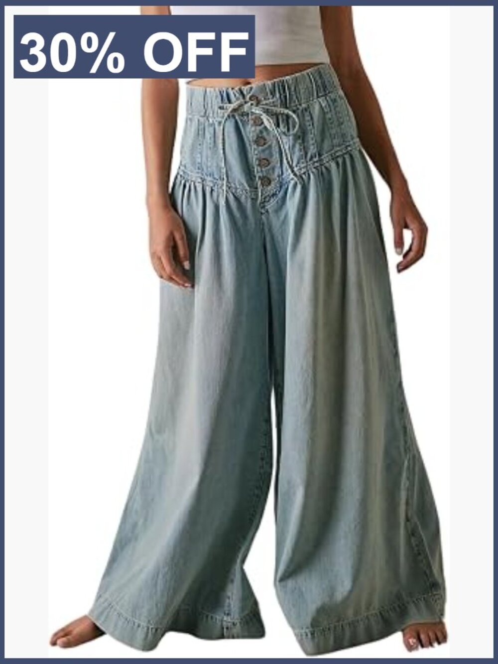 Wide Leg Baggy Denim Jeans Drawstring Waist Ruffle Pleated Button Pants